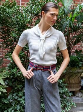 Cathcart London Sailor Top Blouse Ribbed Bow Tie Neck 6 White Cotton Silk